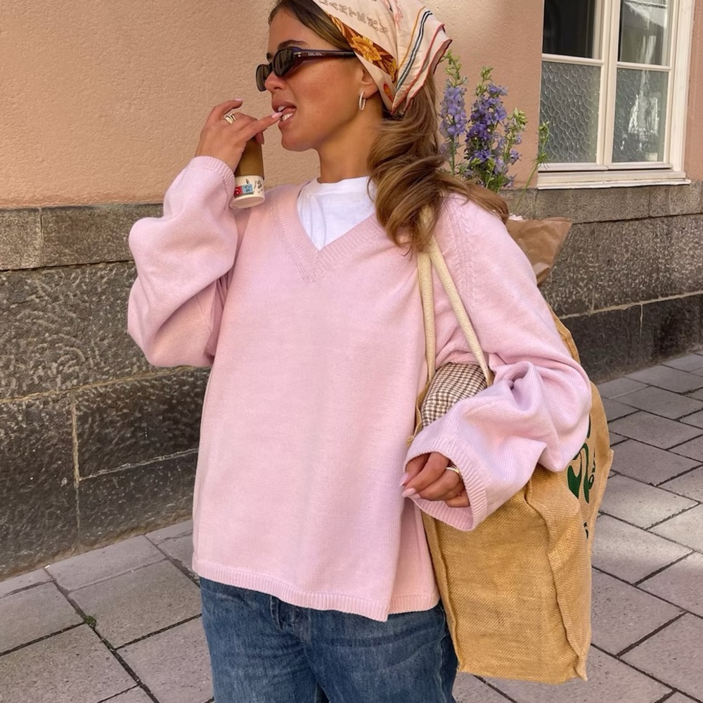 Djerf Avenue Soft Pink V-Neck Sweater